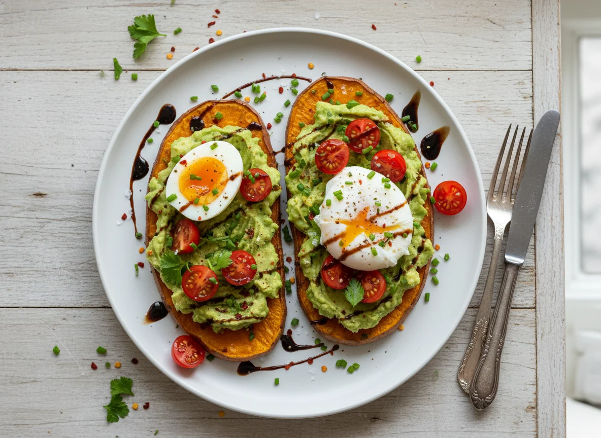 Süßkartoffel-Toast mit Avocado, Ei und Tomaten photo