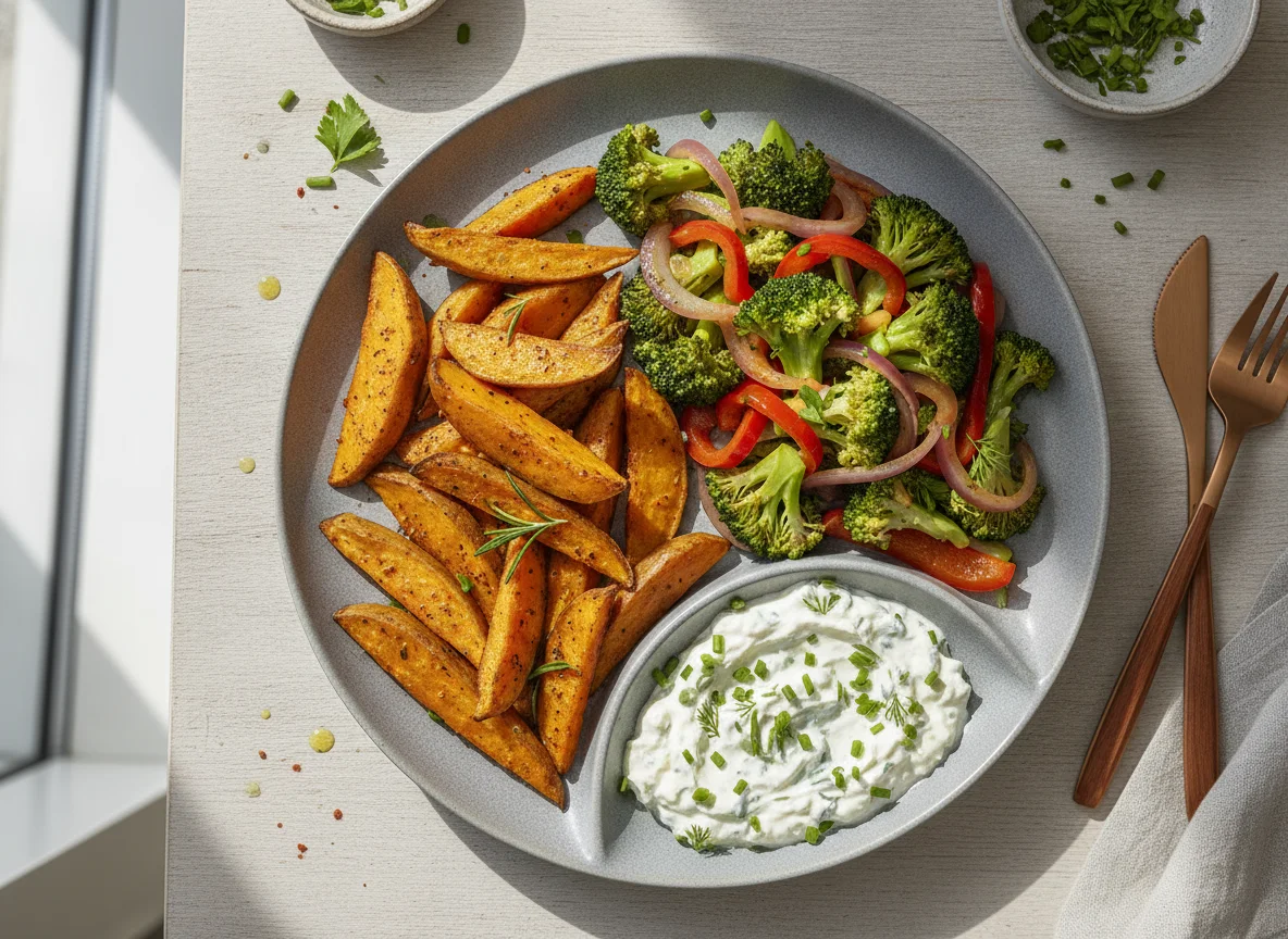 Süßkartoffel-Wedges mit Brokkoli-Paprika-Pfanne und Kräuterquark photo