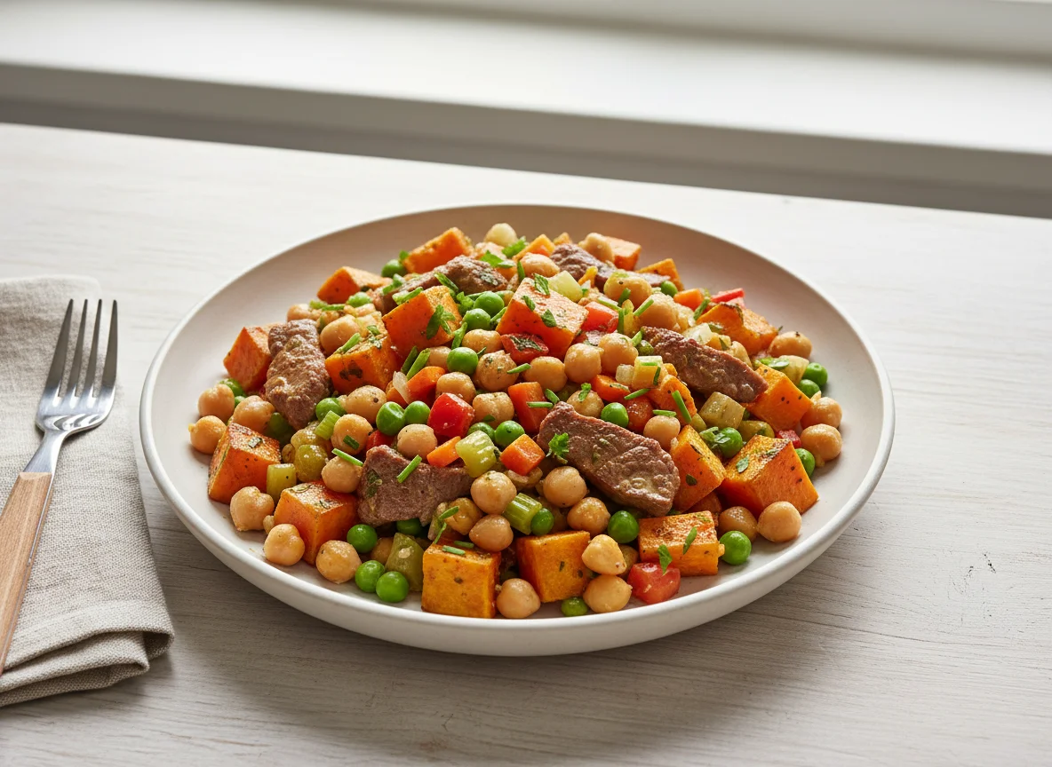 Süßkartoffelwürfel mit Kichererbsen-Gemüse und Fleisch photo