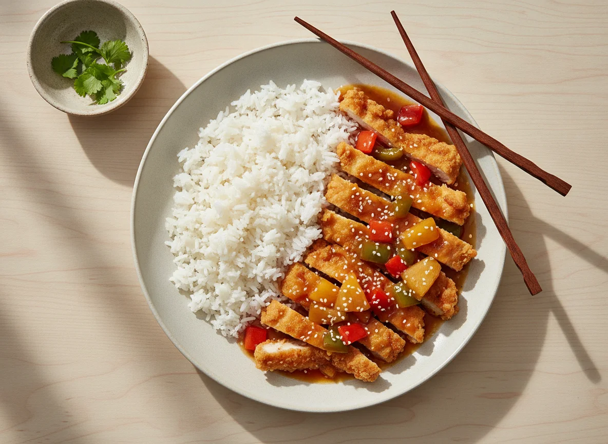 Süß-Sauer Hähnchen mit Reis photo