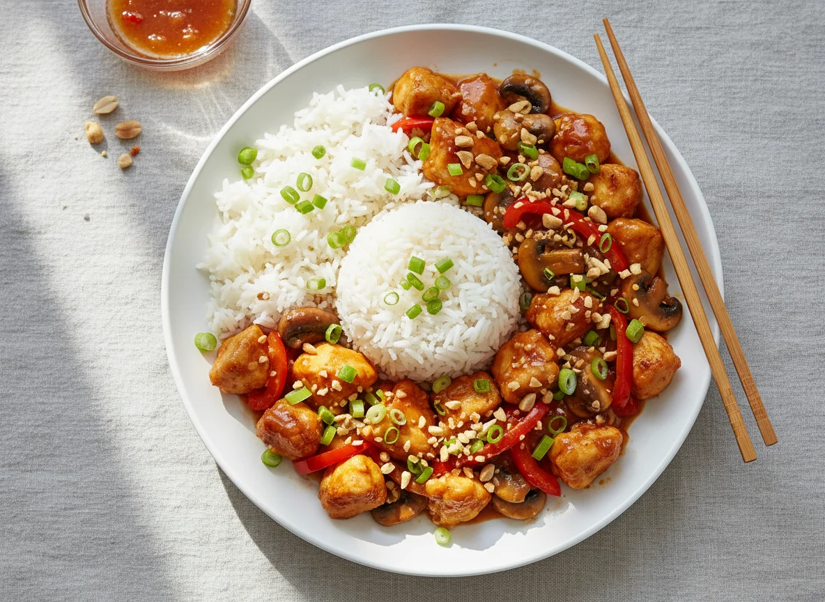 Süß-Sauer-Hähnchen mit Reis photo