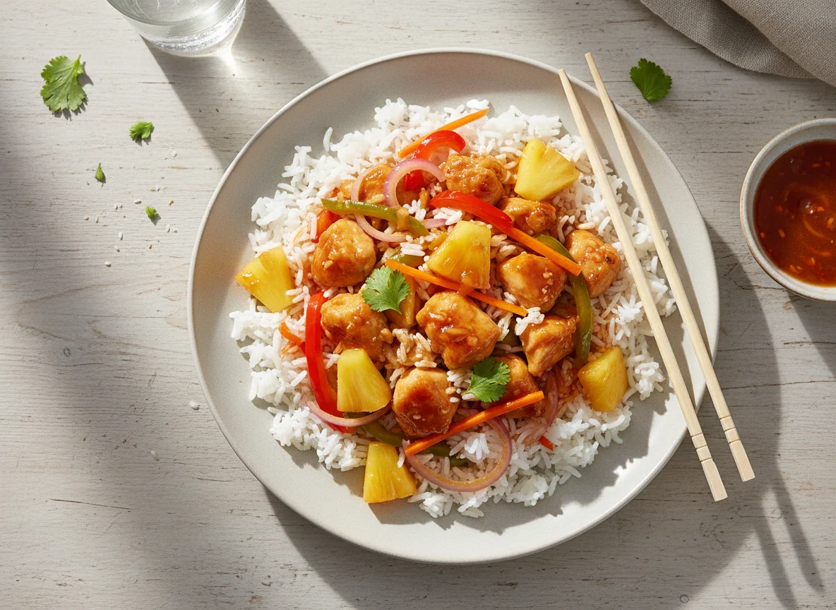 Süß-Sauer-Reis mit Hähnchen und Ananas photo