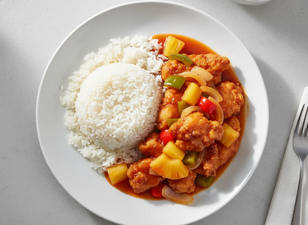 Süss-saures Poulet mit Reis photo