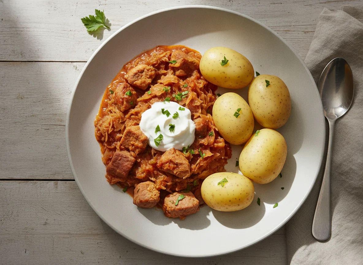 Szegediner Gulasch mit Salzkartoffeln photo