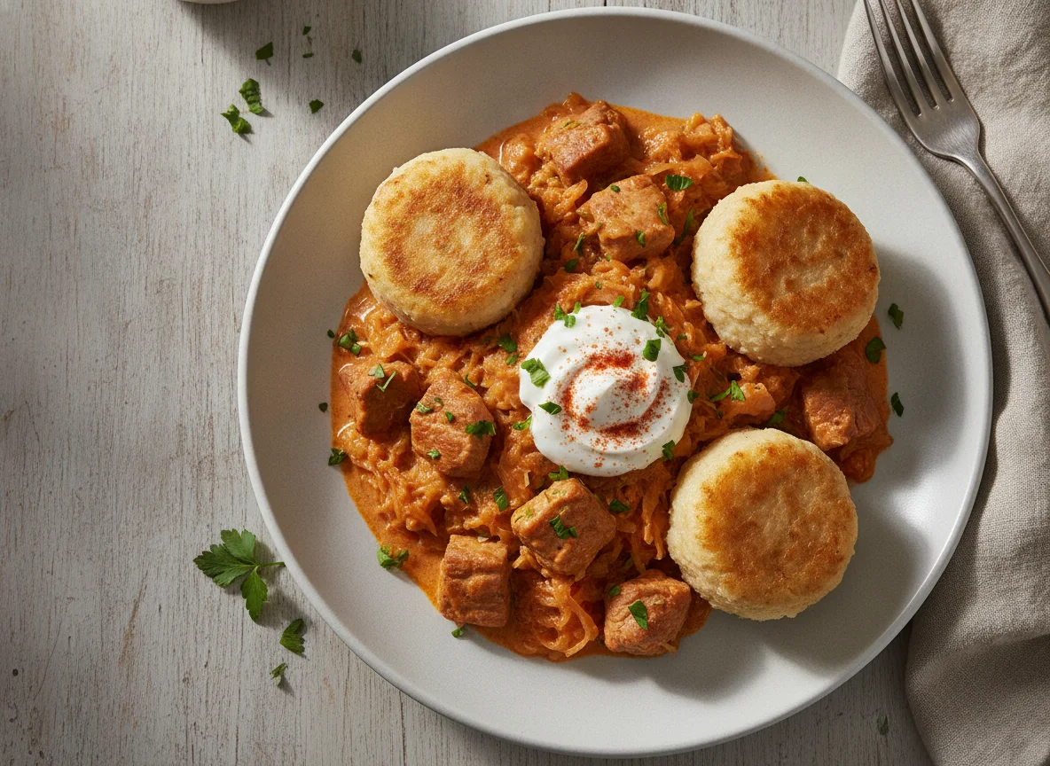 Szegediner Gulasch mit Semmelknödel photo