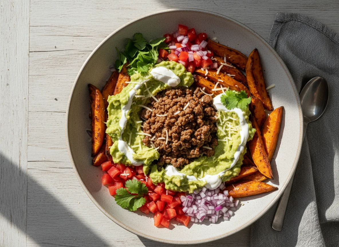 Taco Bowl mit Hackfleisch und Guacamole photo