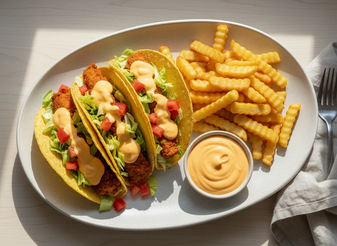 Tacos mit Pommes und Käsesauce photo