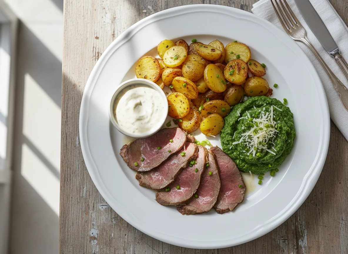 Tafelspitz mit Bratkartoffeln und Spinatpüree photo