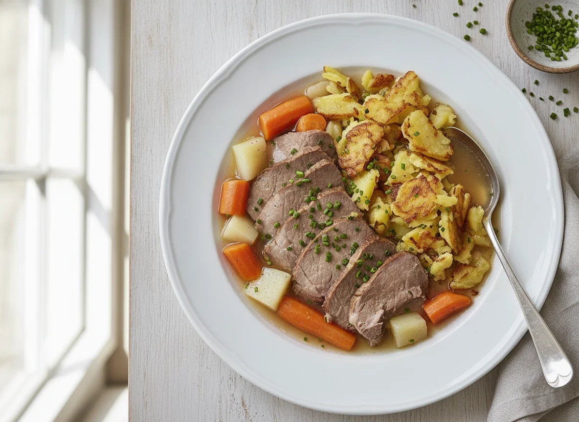 Tafelspitz mit Erdäpfelschmarrn und Wurzelgemüse photo