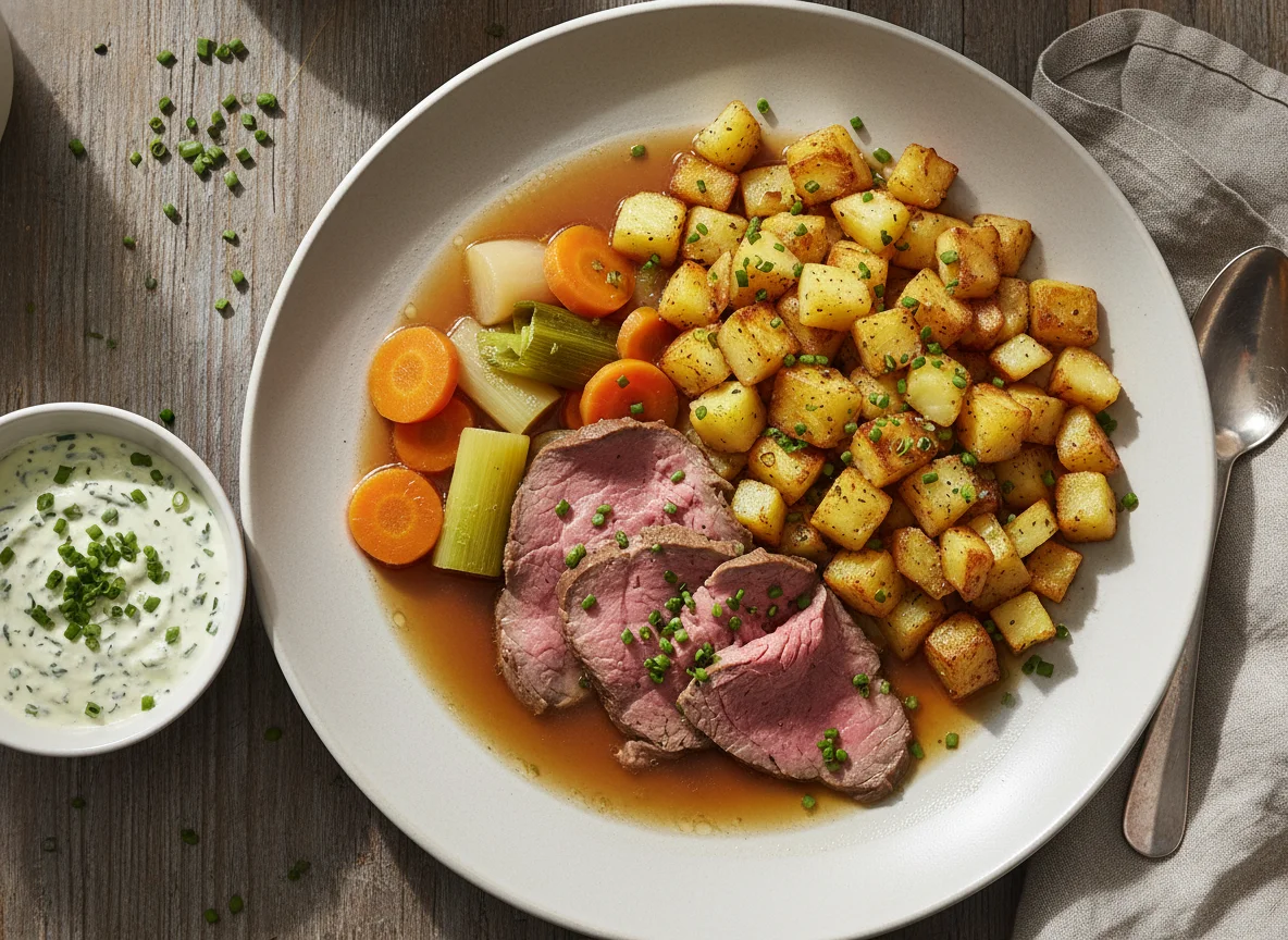 Tafelspitz mit Rindssuppe, Röstkartoffeln und Schnittlauchsauce photo