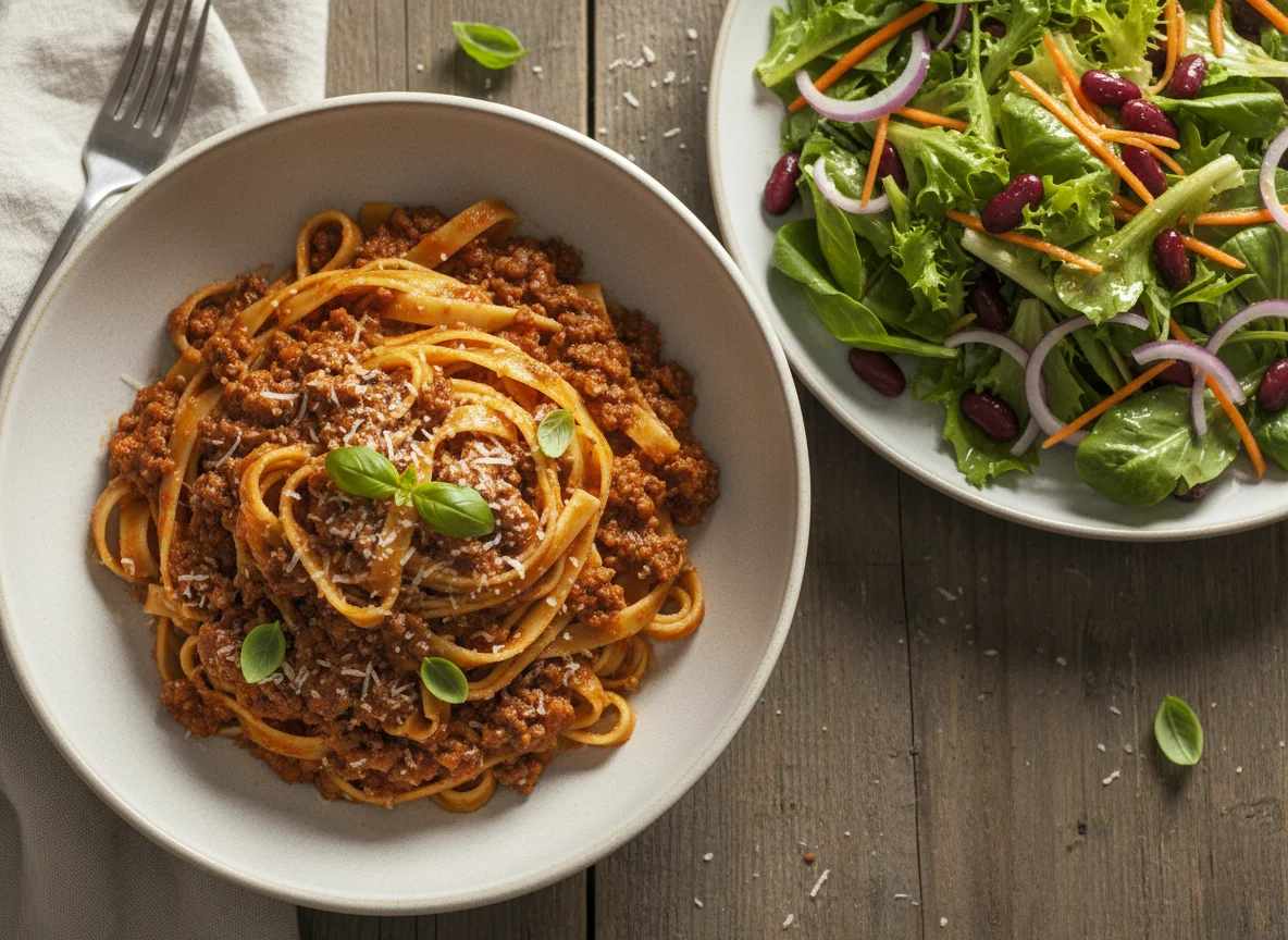 Tagliatelle Bolognese mit gemischtem Salat photo