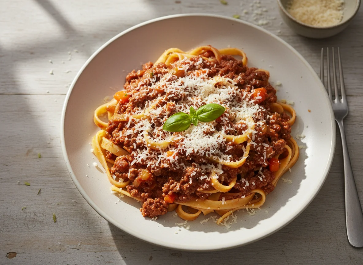 Tagliatelle mit Bolognese und Parmesan photo