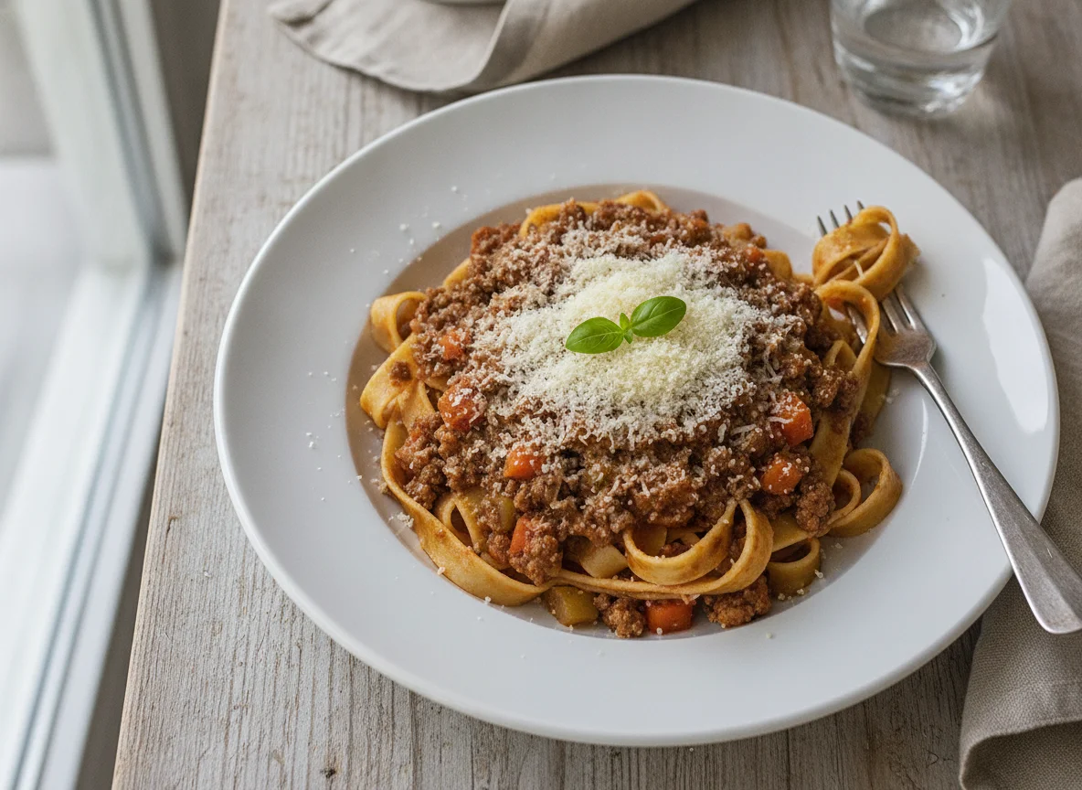 Tagliatelle mit Bolognese-Sauce und Parmesan photo