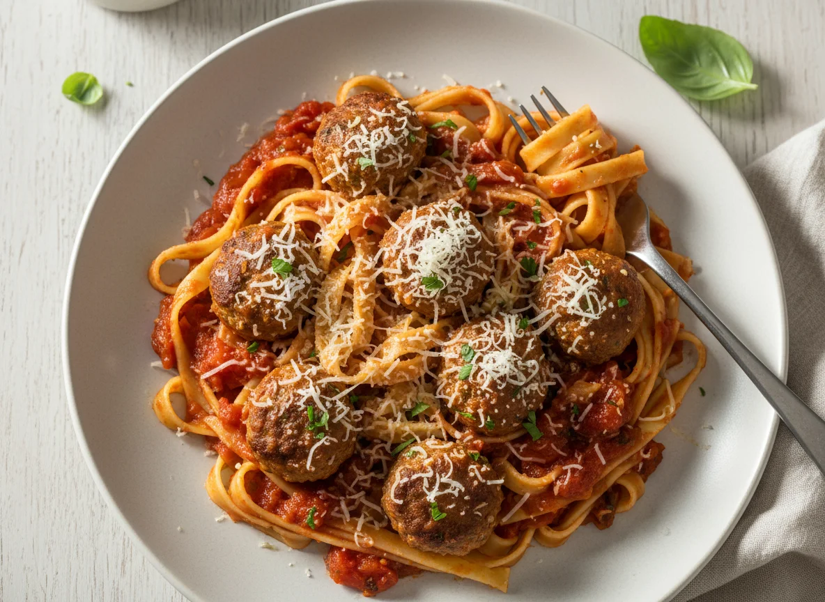 Tagliatelle mit Fleischbällchen und Tomatensauce photo