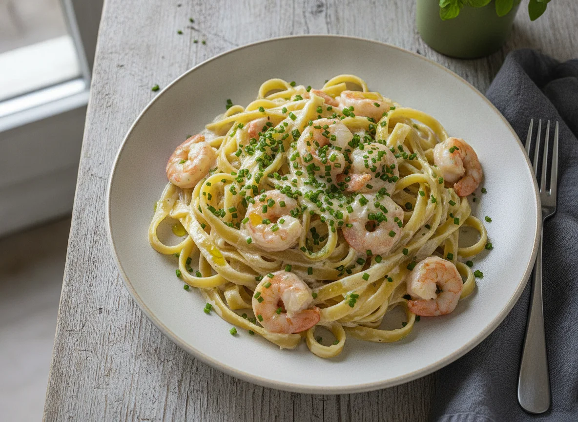 Tagliatelle mit Garnelen in Sahnesauce photo