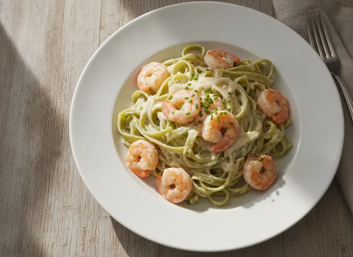Tagliatelle mit Garnelen in Sahnesoße photo