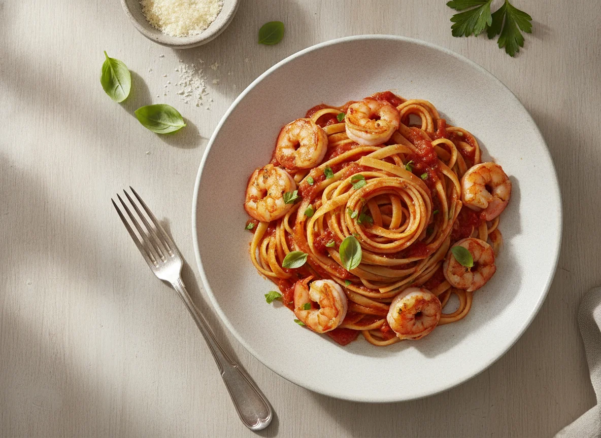 Tagliatelle mit Garnelen in Tomatensauce photo