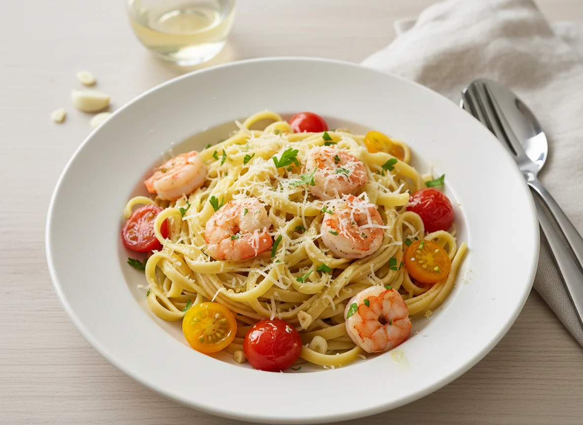 Tagliatelle mit Garnelen, Kirschtomaten und Parmesan photo