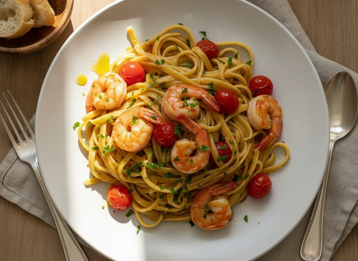 Tagliatelle mit Garnelen und Kirschtomaten photo