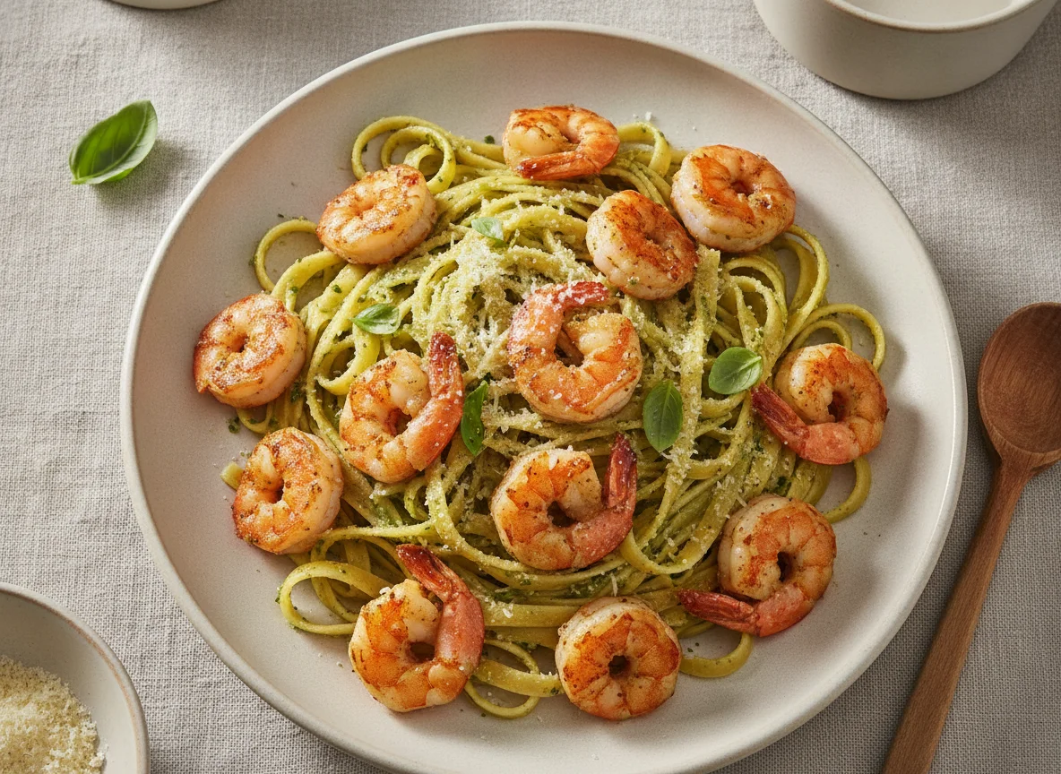 Tagliatelle mit Garnelen und Pesto photo