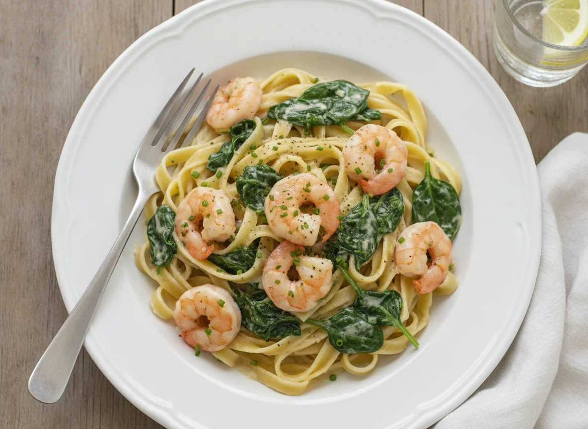 Tagliatelle mit Garnelen und Spinat in Sahnesoße photo