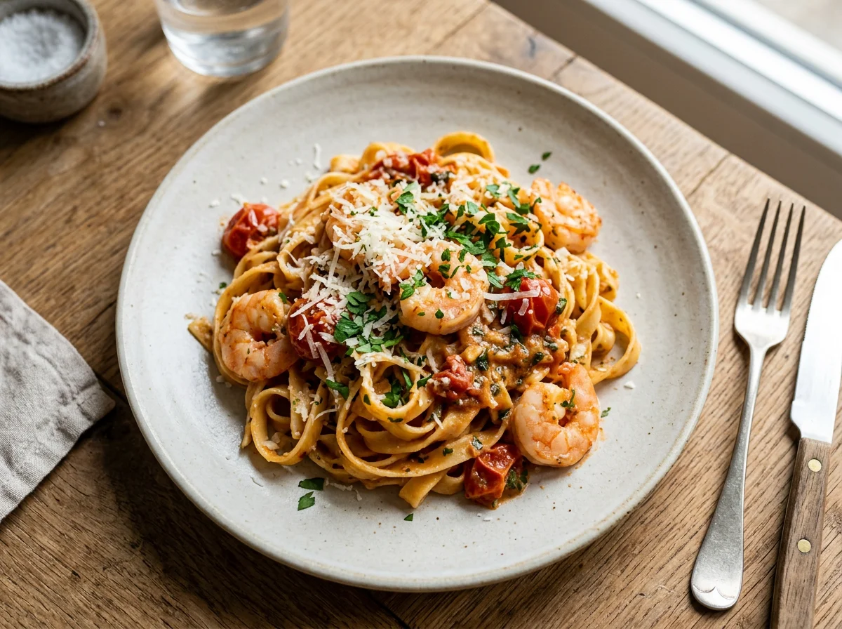 Tagliatelle mit Garnelen und Tomatensauce photo