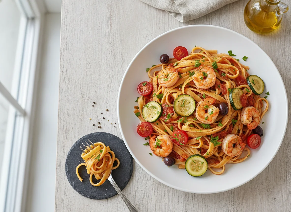 Tagliatelle mit Garnelen und Zucchini photo