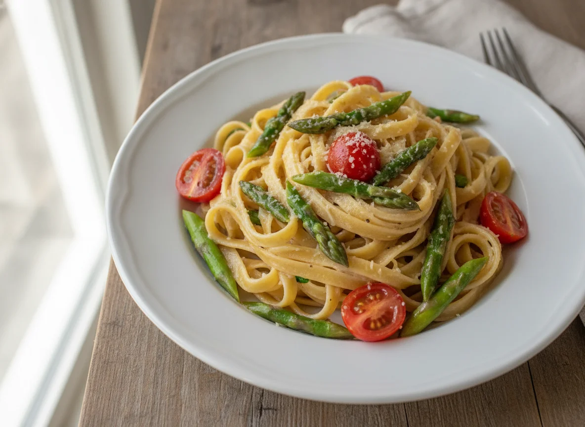 Tagliatelle mit grünem Spargel und Kirschtomaten photo