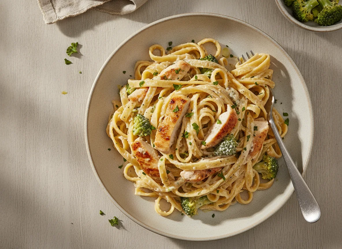 Tagliatelle mit Hähnchen, Brokkoli und Sahnesauce photo