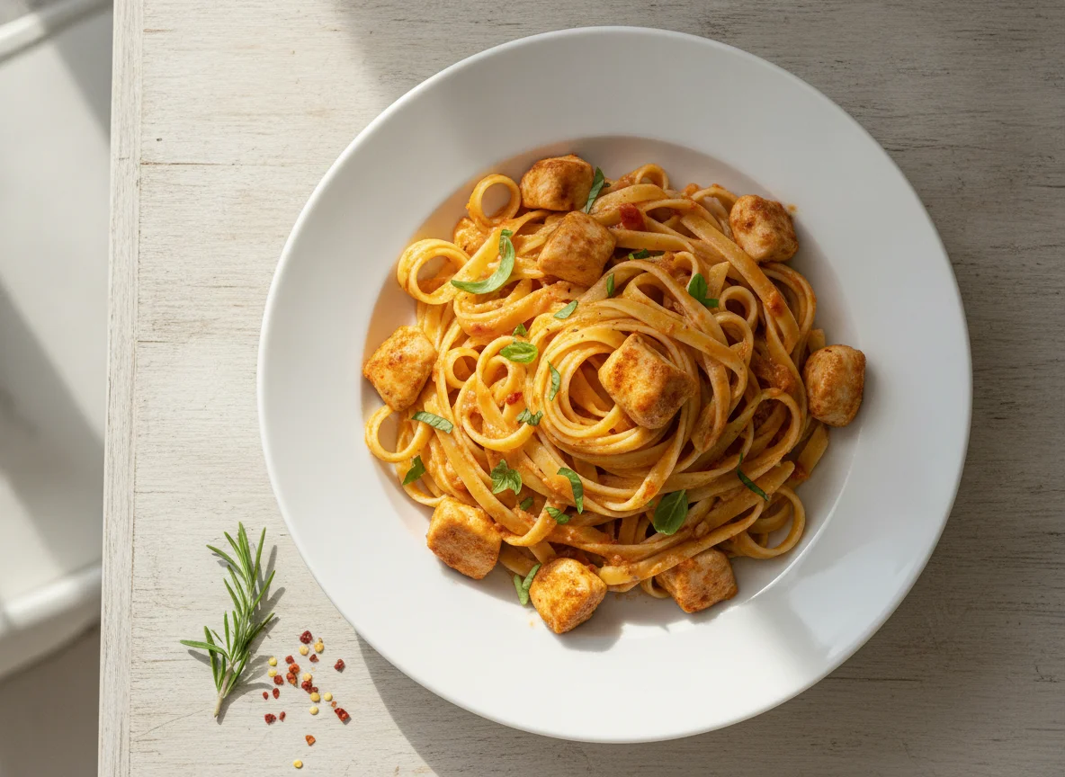 Tagliatelle mit Hähnchen in Tomaten-Sahnesauce photo