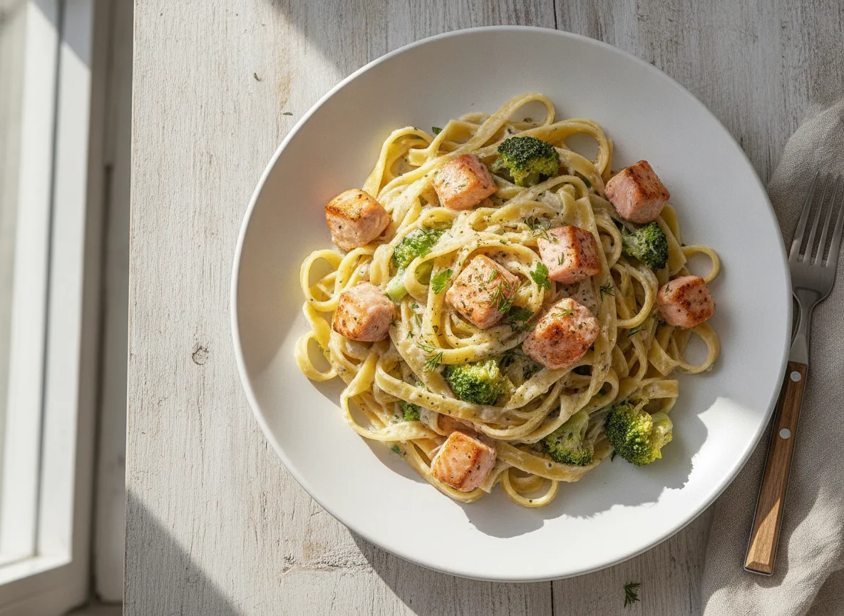 Tagliatelle mit Lachs und Brokkoli in Sahnesauce photo