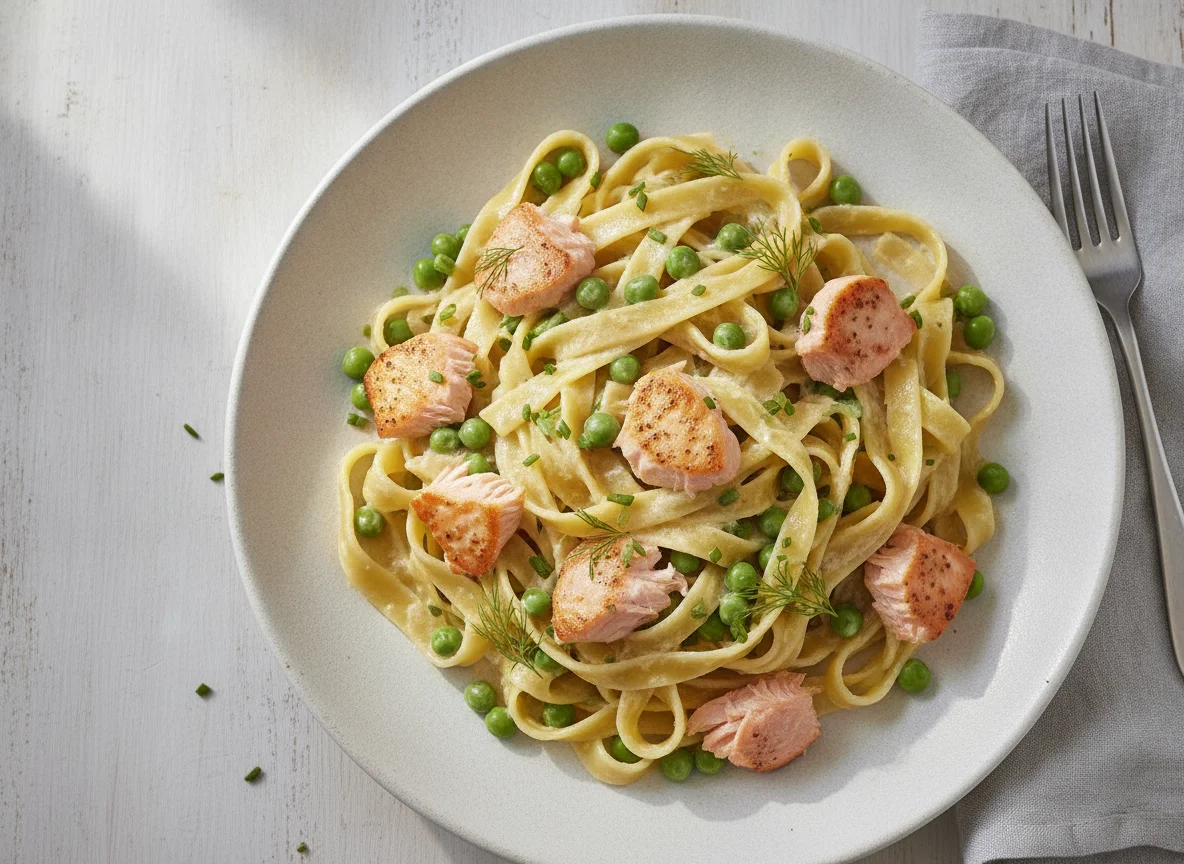 Tagliatelle mit Lachs und Erbsen in Sahnesoße photo