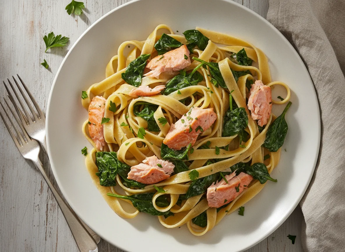Tagliatelle mit Lachs und Spinat photo