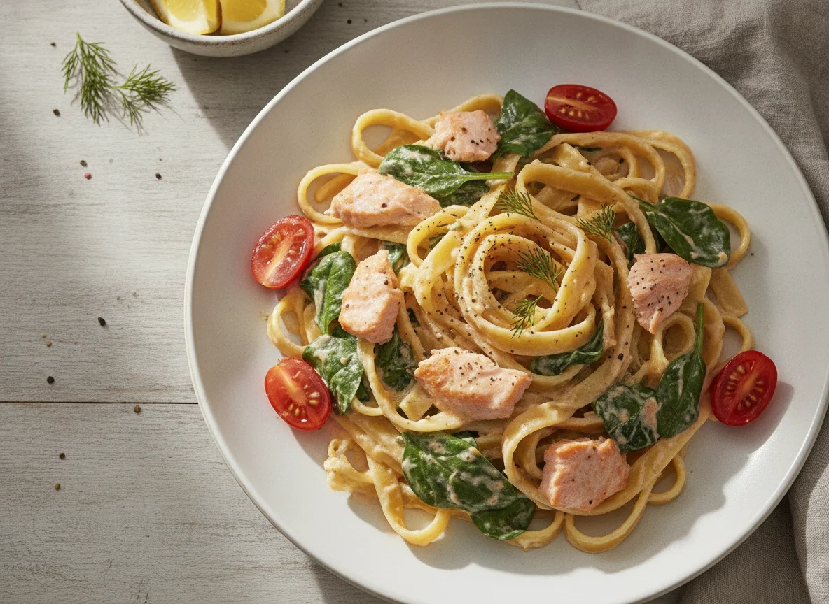 Tagliatelle mit Lachs und Spinat in Sahnesauce photo