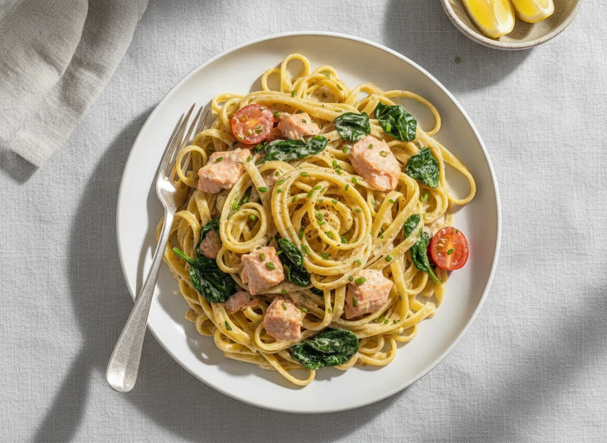 Tagliatelle mit Lachs und Spinat in Sahnesoße photo