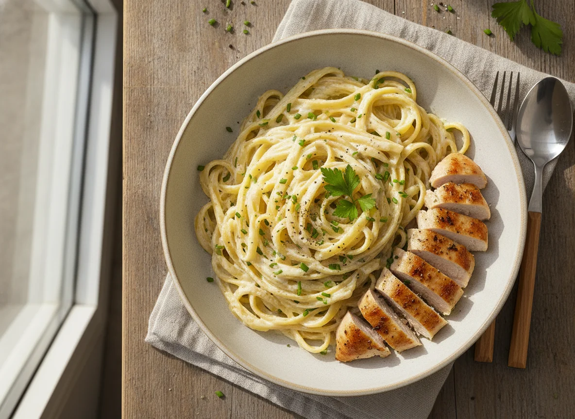 Tagliatelle mit Sahnesauce und Hähnchen photo
