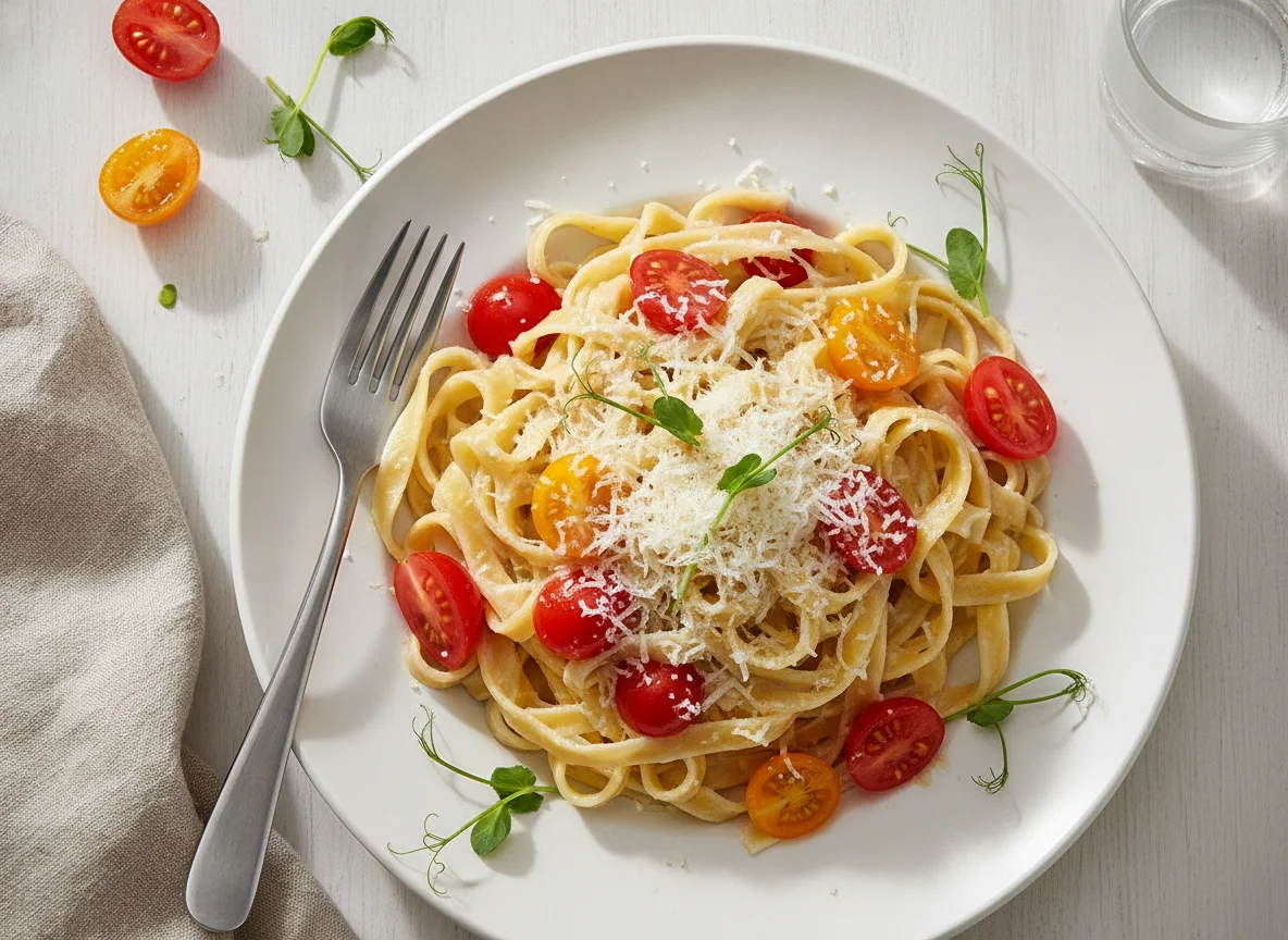 Tagliatelle mit Sahnesauce und Kirschtomaten photo