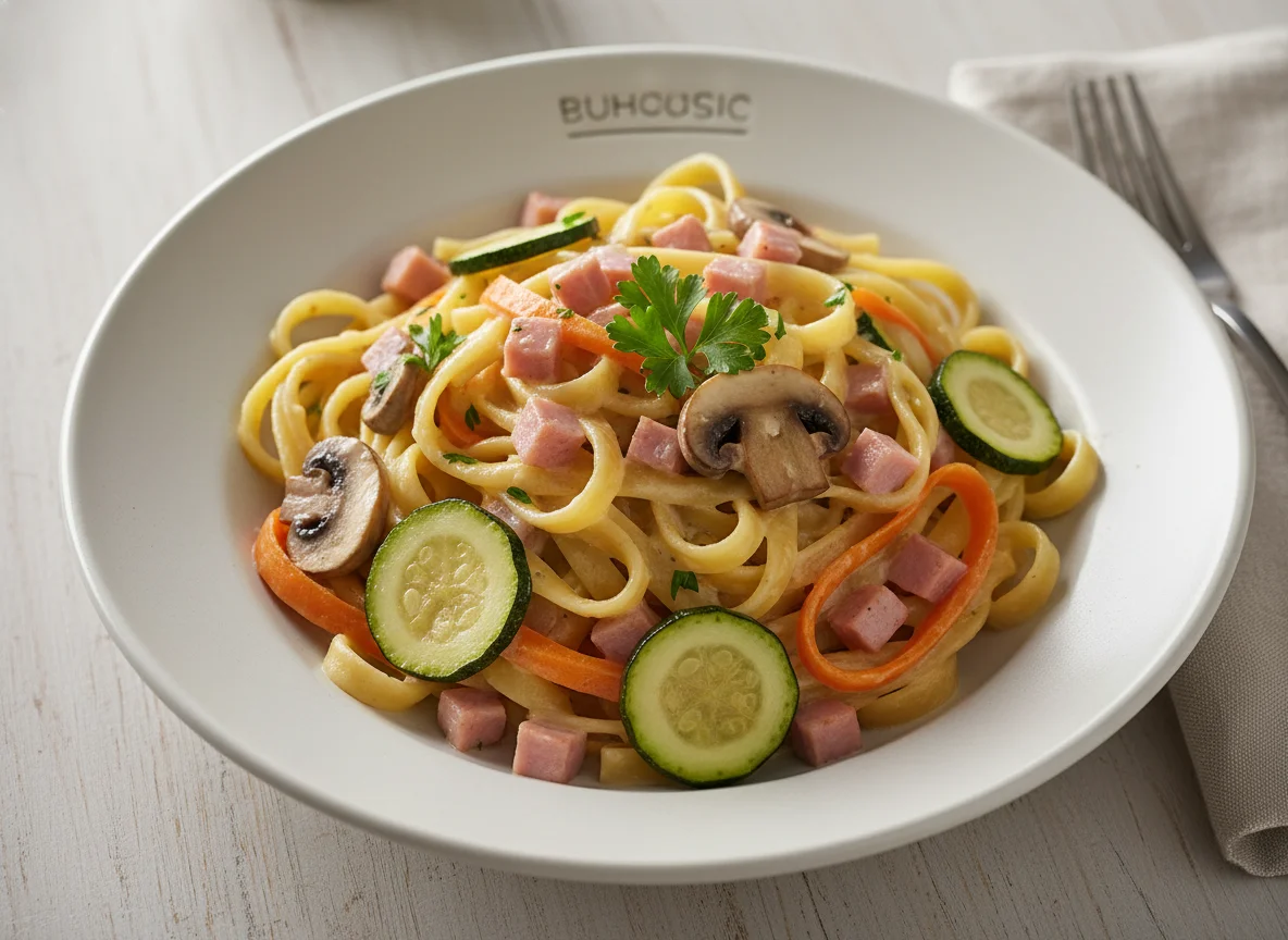 Tagliatelle mit Schinken-Sahnesauce und Gemüse photo