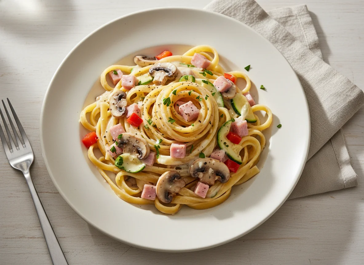 Tagliatelle mit Schinken-Sahne-Sauce und Gemüse photo