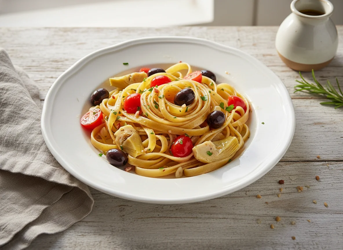 Tagliatelle mit Tomaten, Oliven und Artischocken photo