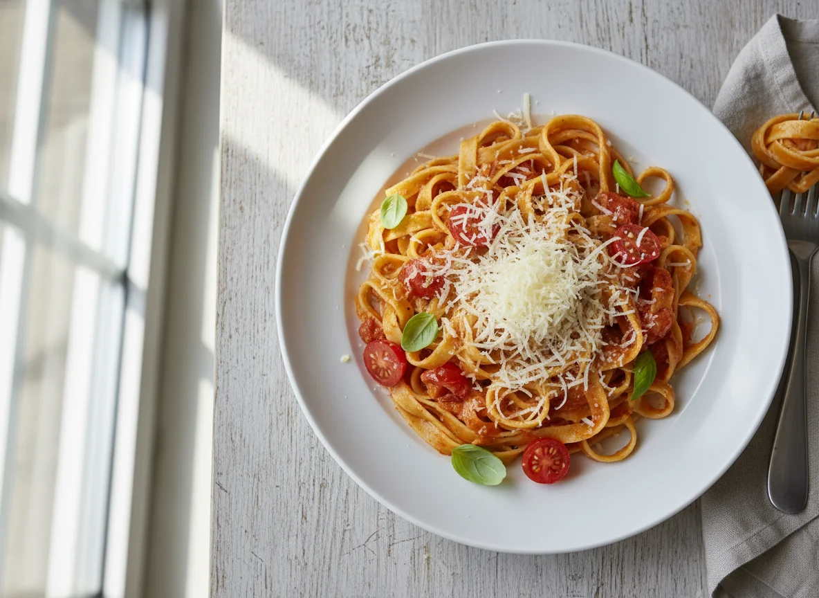 Tagliatelle mit Tomaten-Sahne-Sauce und Käse photo