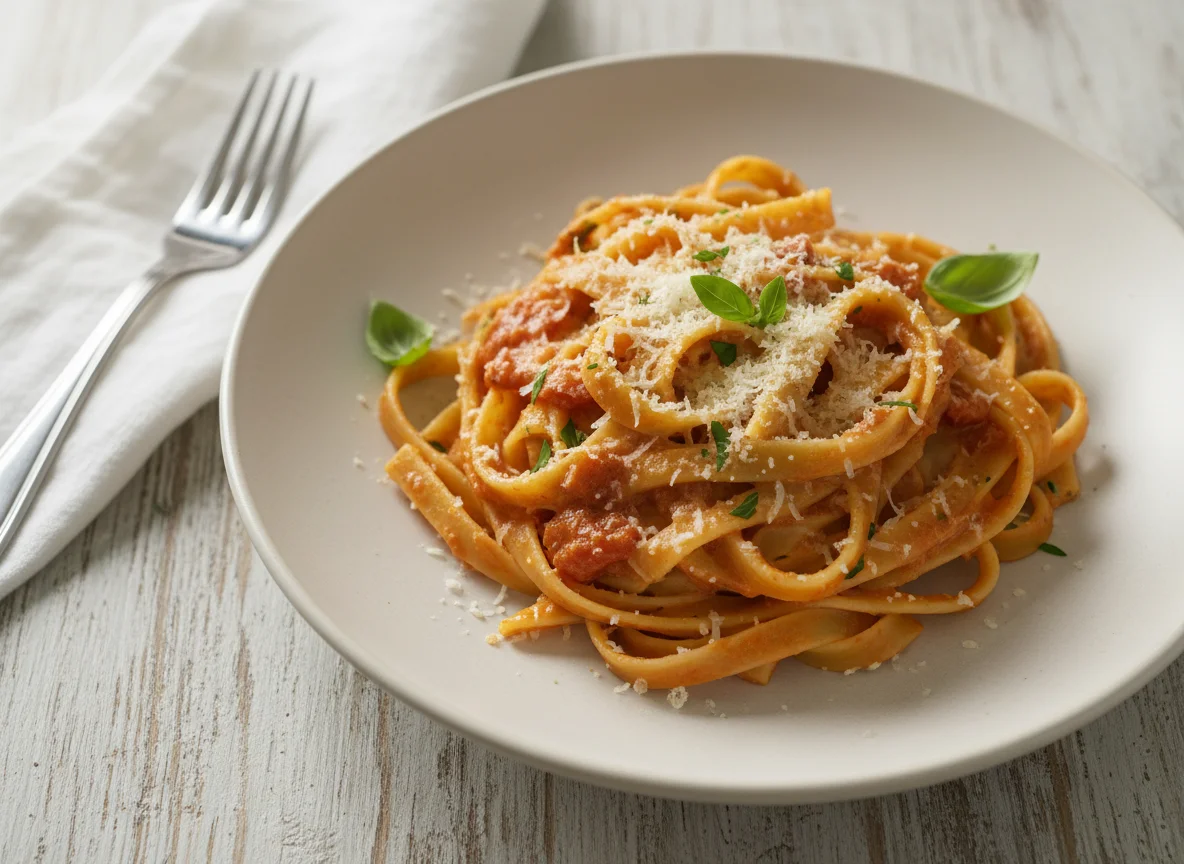 Tagliatelle mit Tomaten-Sahne-Soße und Parmesan photo
