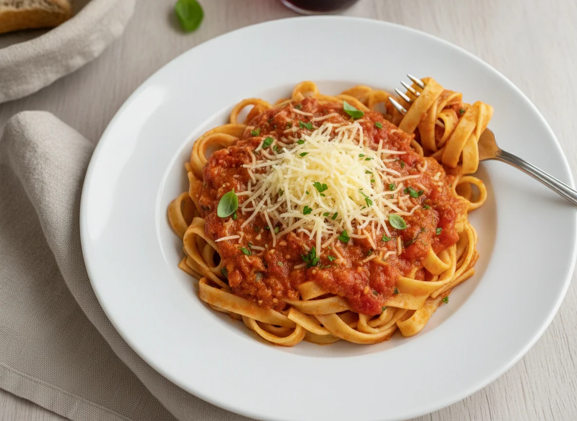 Tagliatelle mit Tomatensauce und Käse photo