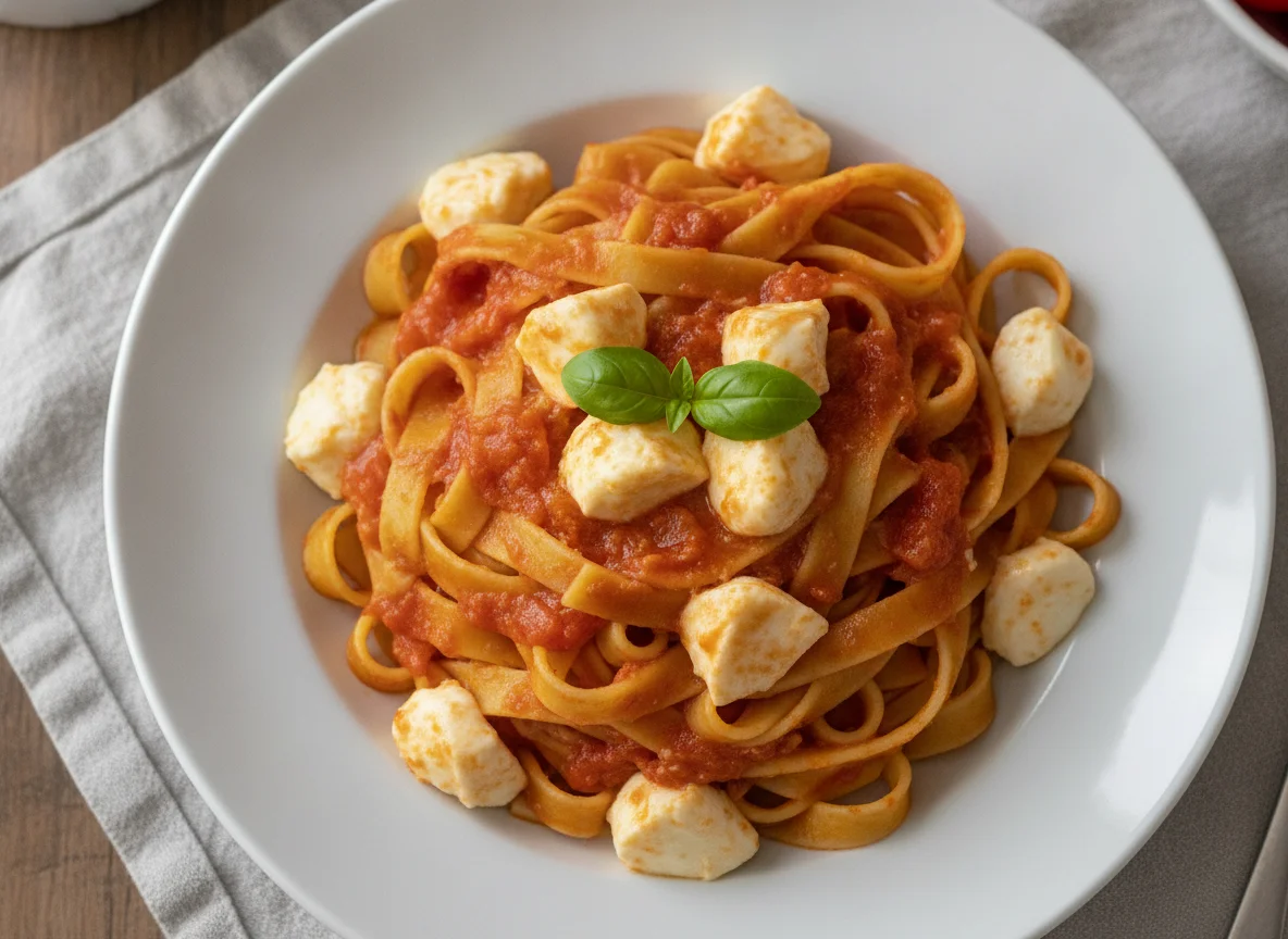 Tagliatelle mit Tomatensauce und Mozzarella photo