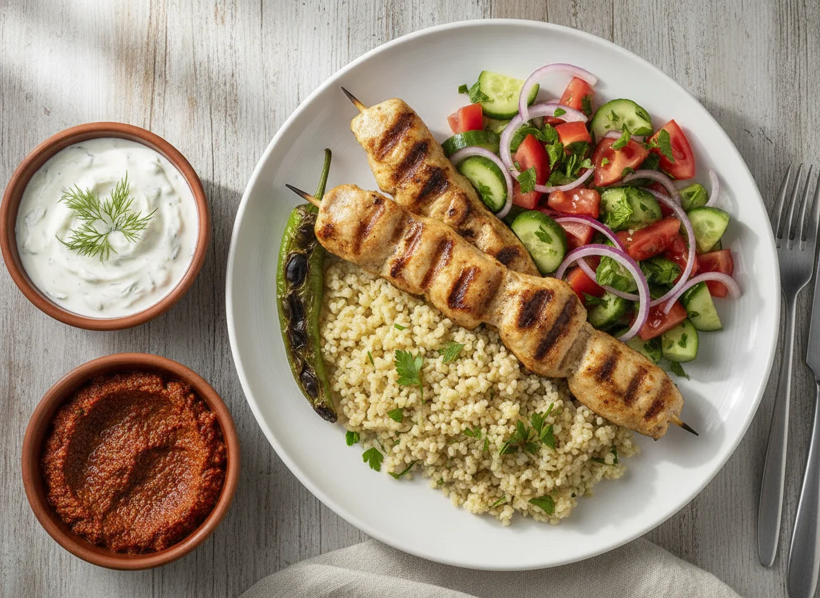 Tavuk Şiş mit Bulgur und Salat photo