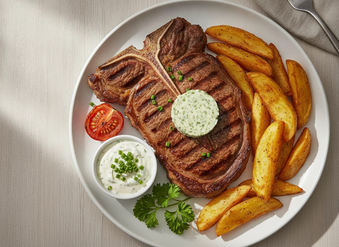 T-Bone Steak mit Kartoffelspalten und Kräuterbutter photo