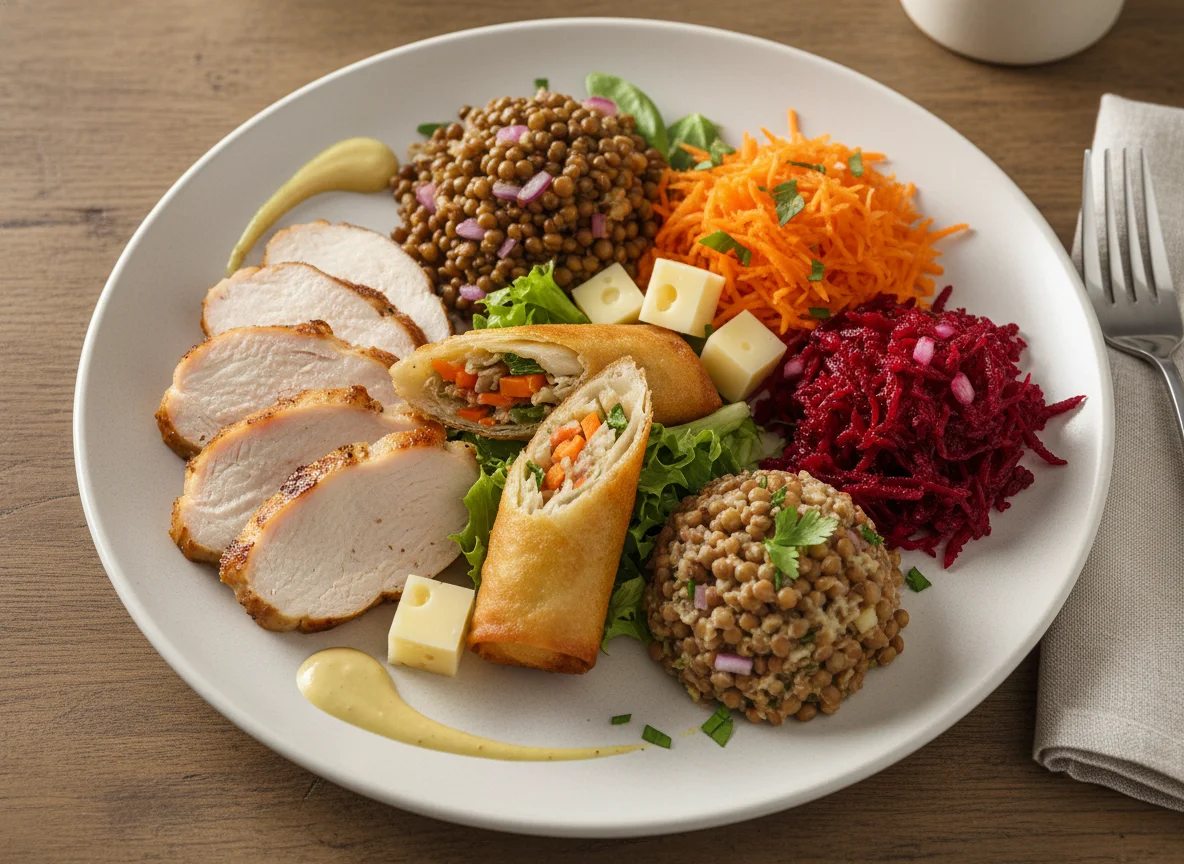 Teller mit Putenbrust, Frühlingsrolle, Linsen und Salaten photo