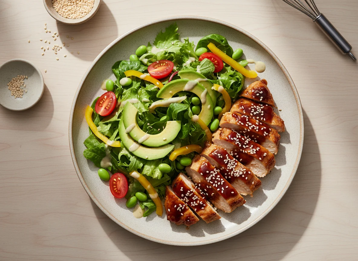Teriyaki Hähnchen mit Edamame und Salat photo