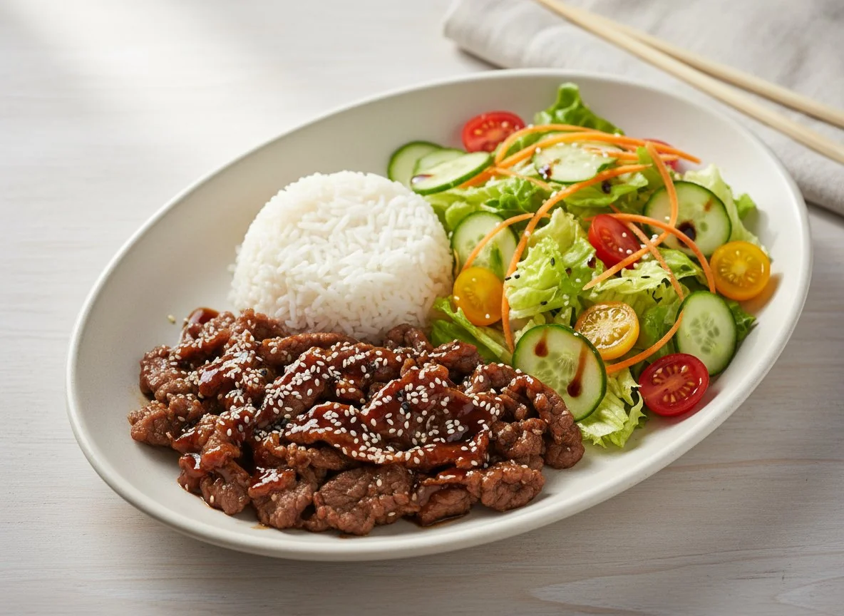 Teriyaki Rindfleisch mit Reis und Salat photo