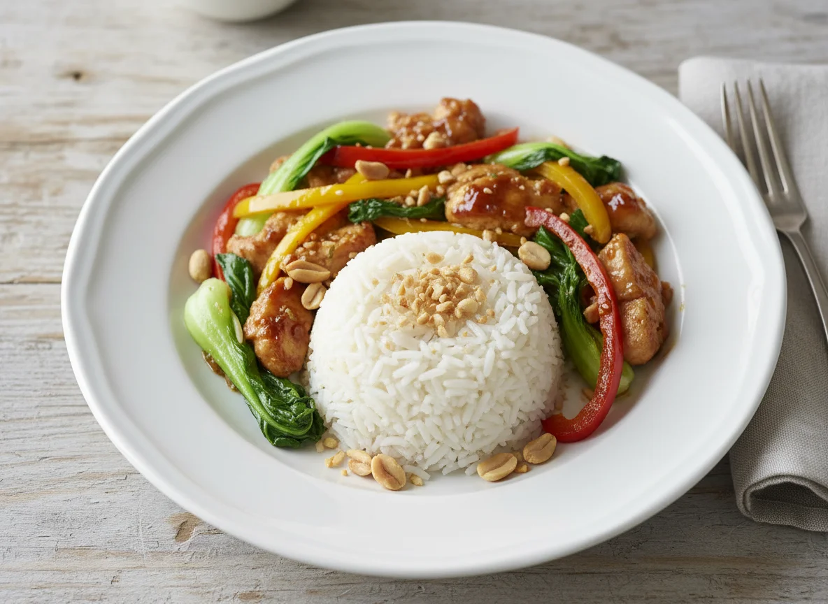 Teriyaki-Hähnchenpfanne mit Kokosreis photo